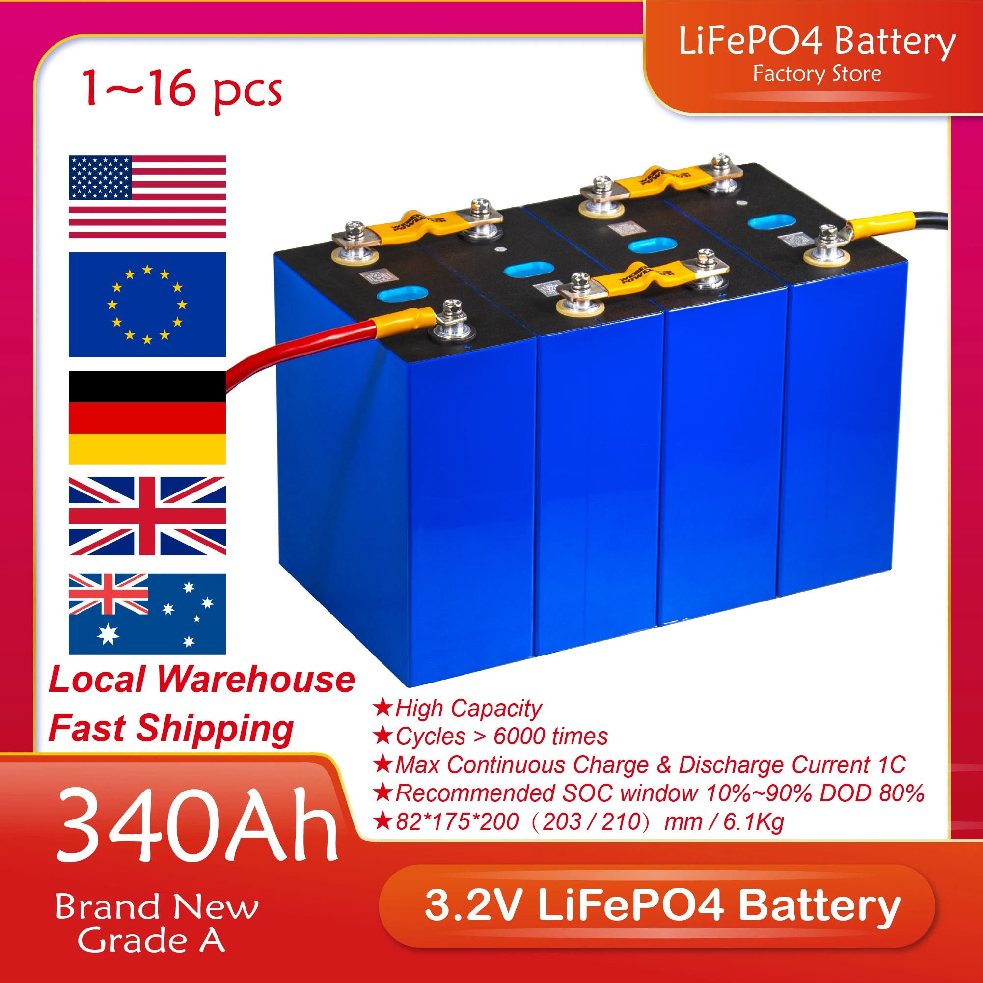 

2/4/8/16/24/32/48PCS 340Ah 3.2V LiFePO4 Battery Cell Grand New Grade A Rechargeable Lithium Iron Phosphate Batterie With QR Code