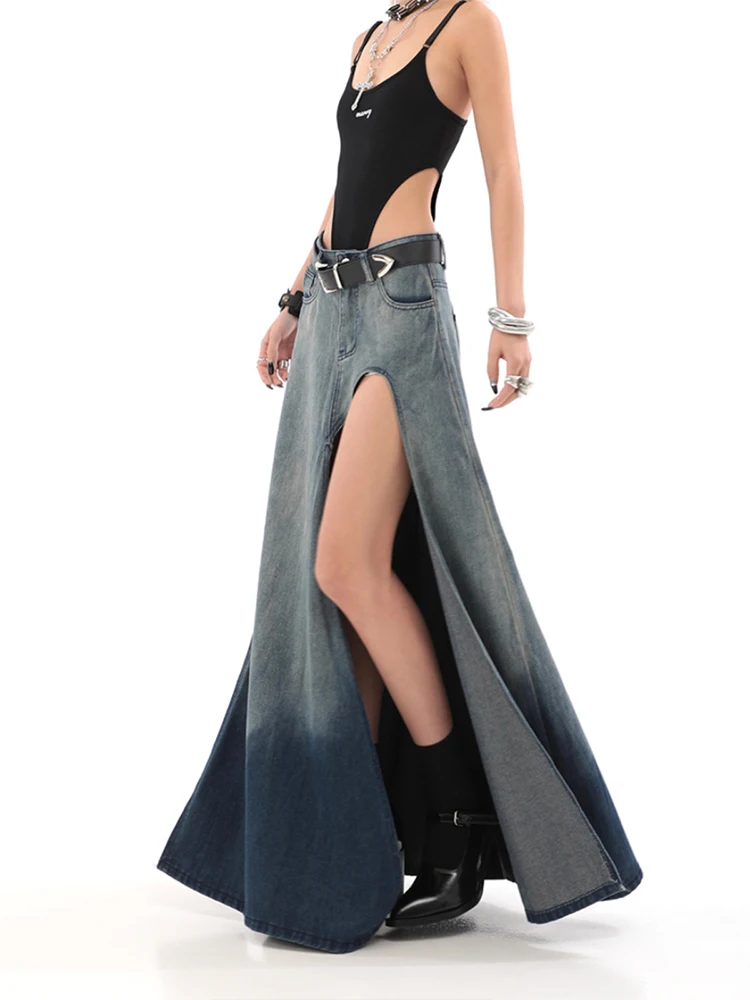 

Summer Women Harajuku Fashion Coquette Gyaru Denim Slit Skirt Mid-Long Vintage Jean Y2k Streetwear Goth Design Gradient Hot Tide