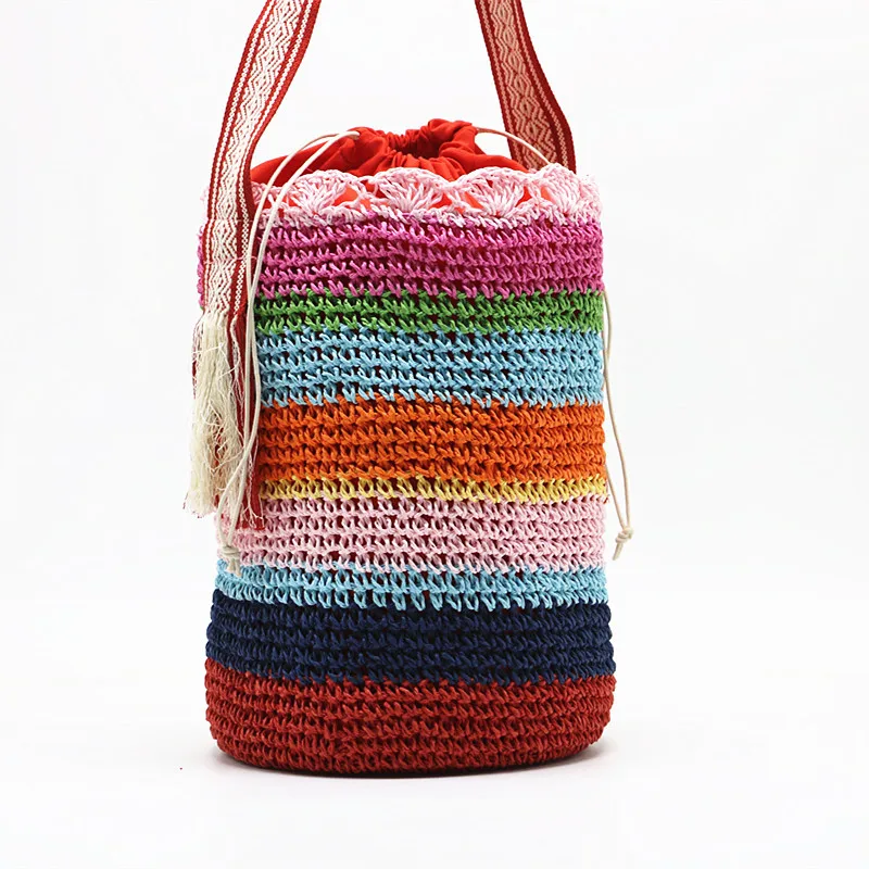 

Соломенная Сумка в цветную полоску, плетеная богемная дамская сумочка-мешок на плечо с широким ремешком, тоут-клатч для покупок