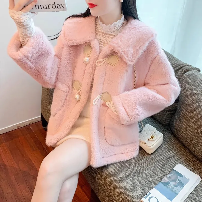 

Осень/Зима 2023, меховое пальто с жемчужной пряжкой из коровьего рога, норковые Флисовые женские куртки