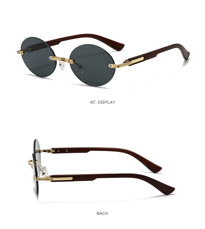 Ovale randlose Damen-Sonnenbrille, modische Retro-Holzrahmen, Sonnenbrille, trendige Outdoor-Party, Urlaub, Hochzeit, Accessoire, Brillen – Detail 7