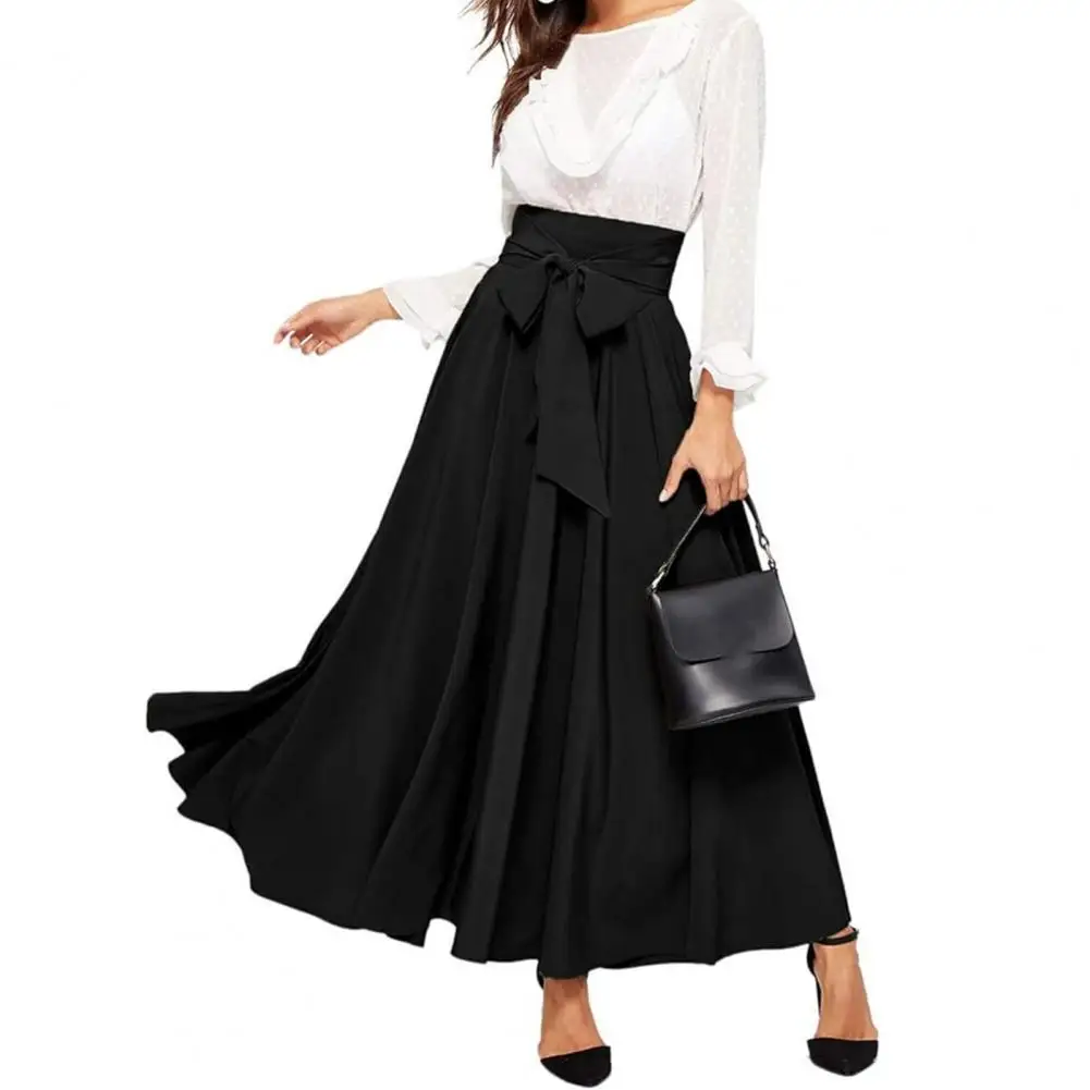 

Maxi Skirt Women Lace-up High Waist A-line Big Swing Wide Band Pleated Ankle Length OL Commute Style Loose Spring Summer Skirt