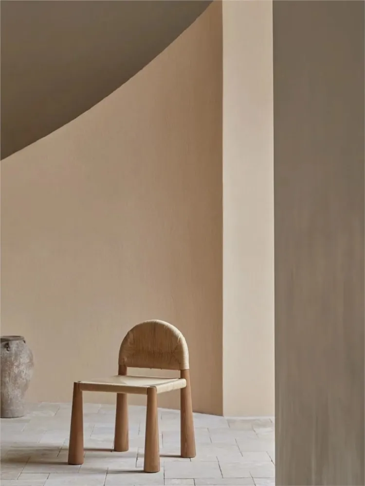 Vintage Solid Rattan Chair Woven Single Seat Minimalist Cream Style Design Model Furniture Dining Chair Backrest woven rattan rocking chair