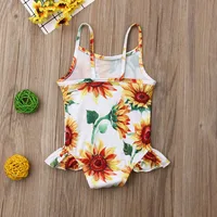 Toddler Baby Girls Swimsuit Summer Sleeveless Sling Sunflower Print Ruffle Beachwear Infant Cotton Swimwear Bikini Bathing Suit 4