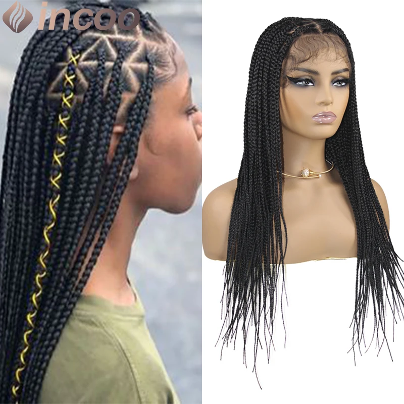 

26 Inch Triangle Braided Full Lace Wig Knotless Heat Resistant Lace Frontal Braid Wigs with Baby Hair Black Synthetic Braids Wig