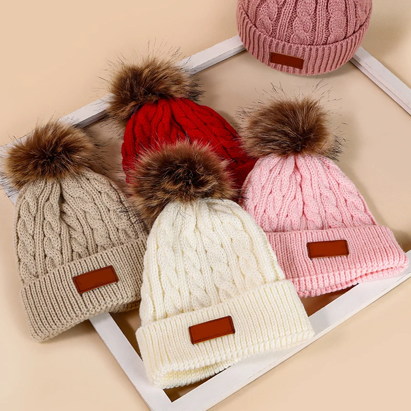 Winter Faux Fur Pompom Baby Cap Cute Knitted Woolen Infant Boy Girl Hat Beanie Solid Color Kids Elastic Warm Pullover Caps