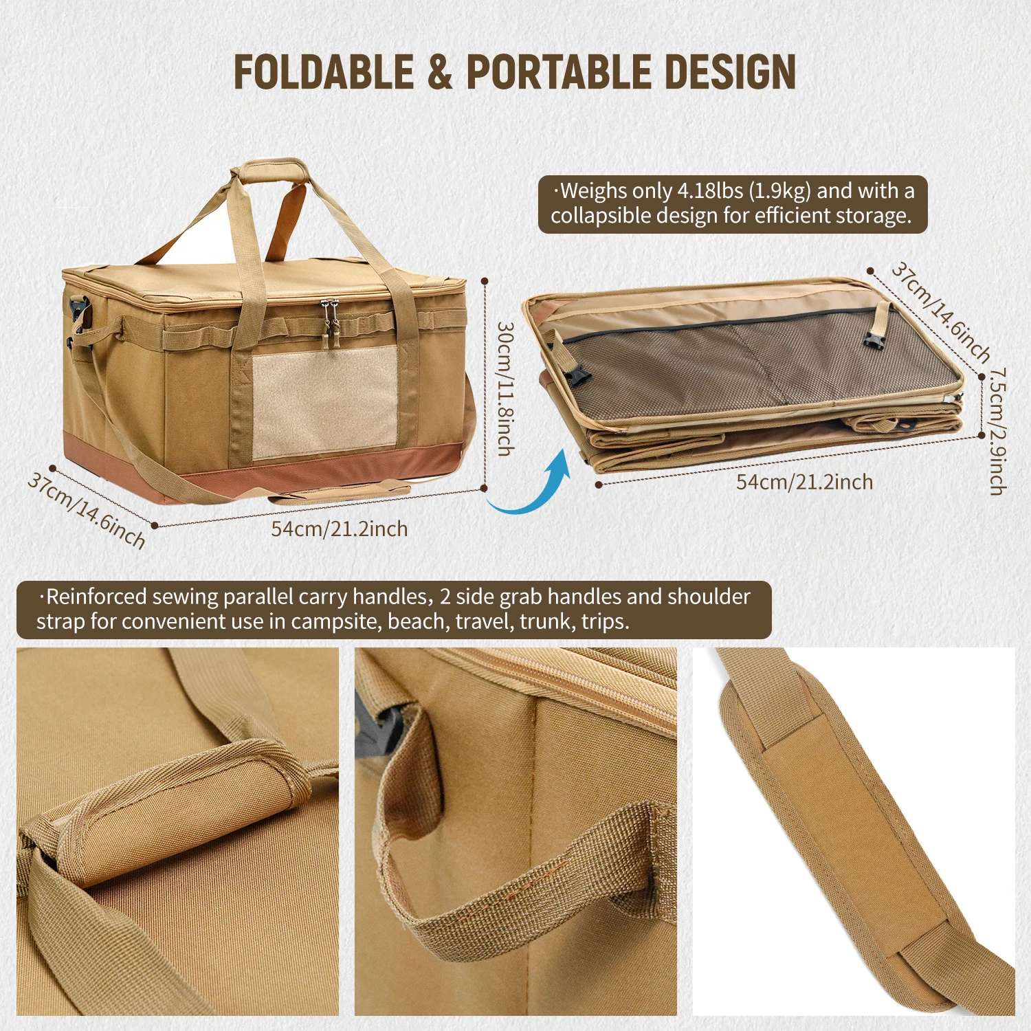 60L Large Camping Storage Bag Collapsible Cooking Trunk Organizer 600D Oxford Fabric, Waterproof Bottom Black//Khaki 4
