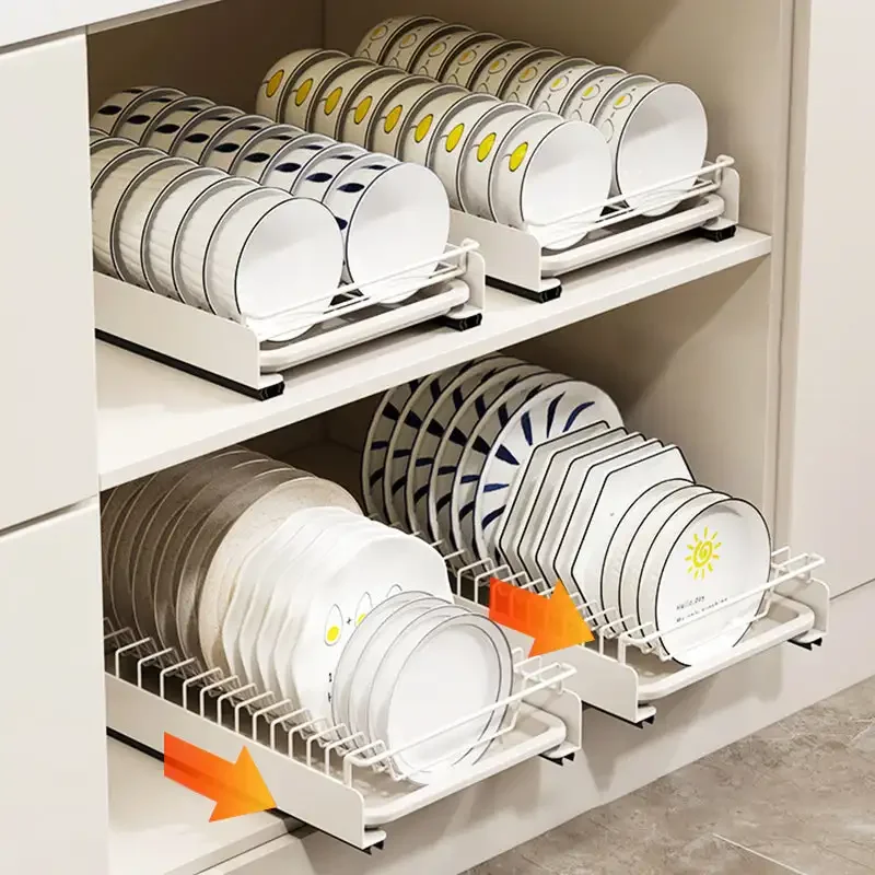Description Picture 2 of itemPull-out Dish Drying Rack Kitchen Storage Rack Drawer Type Storage Tray with Drain Basket Kitchen Dinnerware Organizer Basket