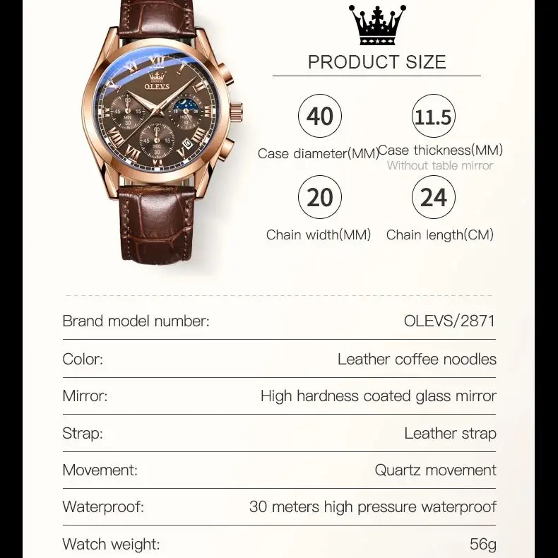 OLEVS Luxury Chronograph Men's Wristwatch – Waterproof Quartz with Moon Phase and Multifunction Features