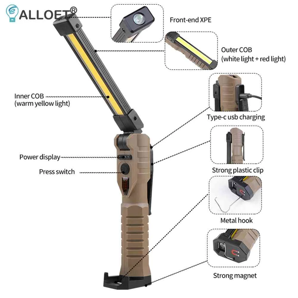 Led Flashlight Led Work Light Work Light Handheld Flashlight 400 Lumens Type-C USB Rechargeable for Outdoor Car Repair Managetic Work Light with Power Capacity Indicator