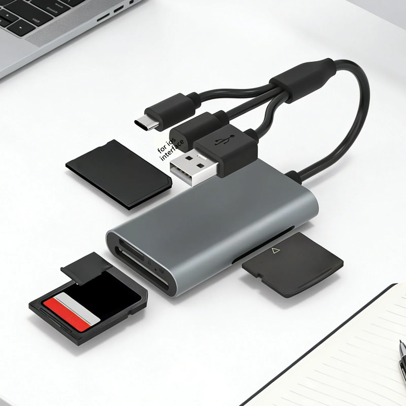 라이트닝/USB-C/USB-A 포트가 있는 4 in 1 SD 카드 리더기 메모리 스틱 프로 듀오 어댑터 플러그 앤 플레이(안드로이드 아이폰 윈도우용)