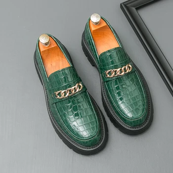 Classic Green Men's Comfortable and Non Slip Thick Soled Casual Leather Shoes Fashionable Brand Set Foot Breathable Derby Shoes 1