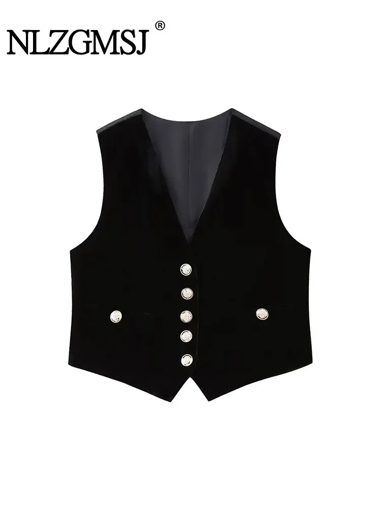 

Nlzgmsj TRAF 2024 Women Fashion Front Button Linen Waistcoat Vintage V Neck Sleeveless Female Outerwear Chic Vest Tops