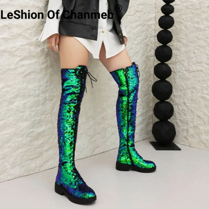 

LeShion Of Chanmeb Women Silver Sequined Boots Gold Glitter Block Heel Over-the-Knee Boots Bling Bling Zipper Lady Lace-up Shoes