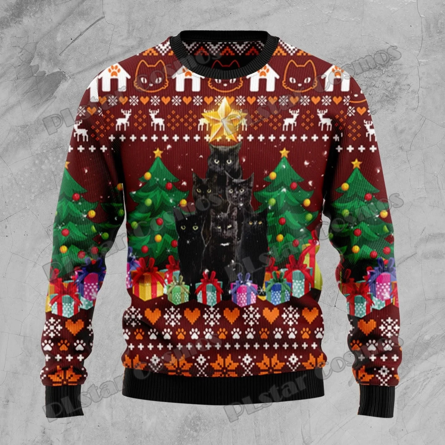 thumbnail image 1 of Suéter navideño feo para hombre con estampado 3D de gato maullido de PLstar Cosmos, jersey de punto informal unisex de invierno MYY24, 1 of 4