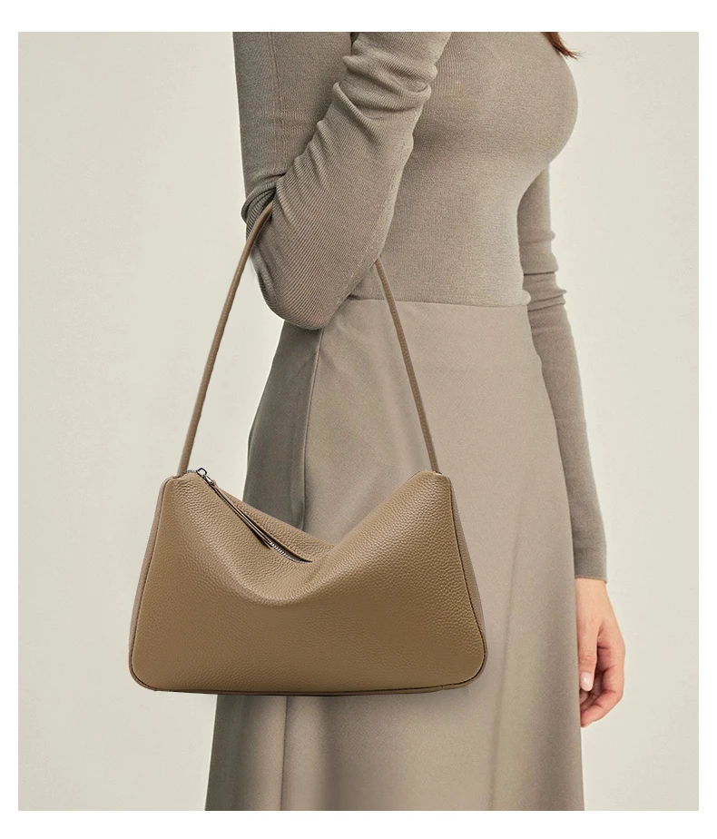 Neue Elefantengraue Kuhleder-Unterarmtasche für Damen, genarbtes Leder, Einzelriemen, Reißverschluss, tägliche Schulterhandtasche – Detail 3