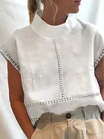 Chemise Blouse Femme Été 2026 en Coton et Lin Blanc, Nouvelle Collection, Élégante, Unie, Dentelle Ajourée, Décontractée, Style Urbain, Chemise de Bureau Basique 2