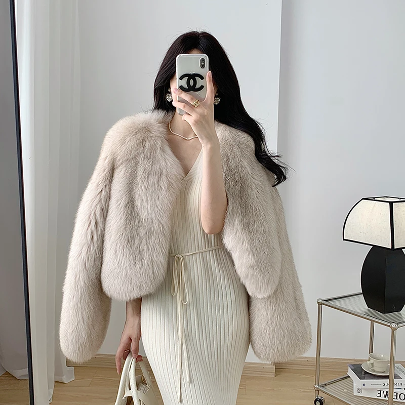 

Korean designer 2022 Woman Real Fox Fur Coat Warm Fashion Natural stylish cropped genuine fox fur jackets AN02