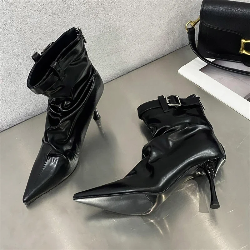 Street Style Thin Heels Women Ankle Boots Designer Belt Buckle Pleated Pointed Toe Shoes Zapatos De Mujer