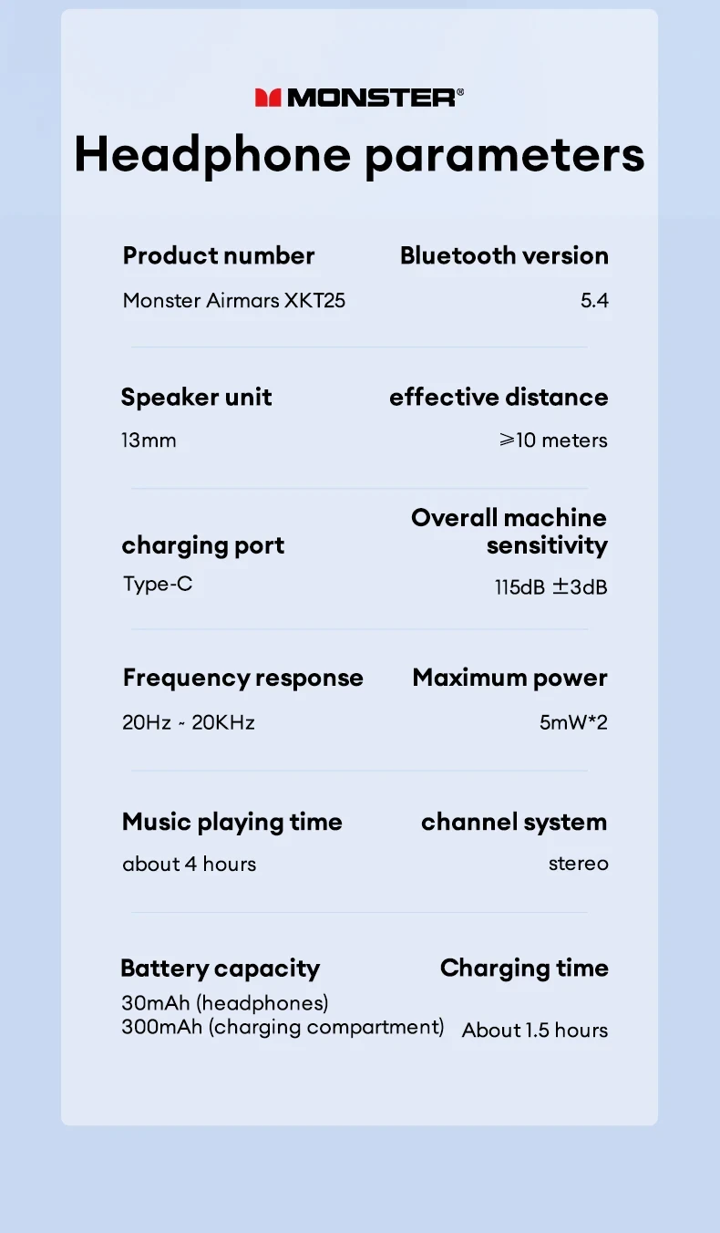 Écouteurs hi-fi Monster sans fil Bluetooth 5.4 TWS