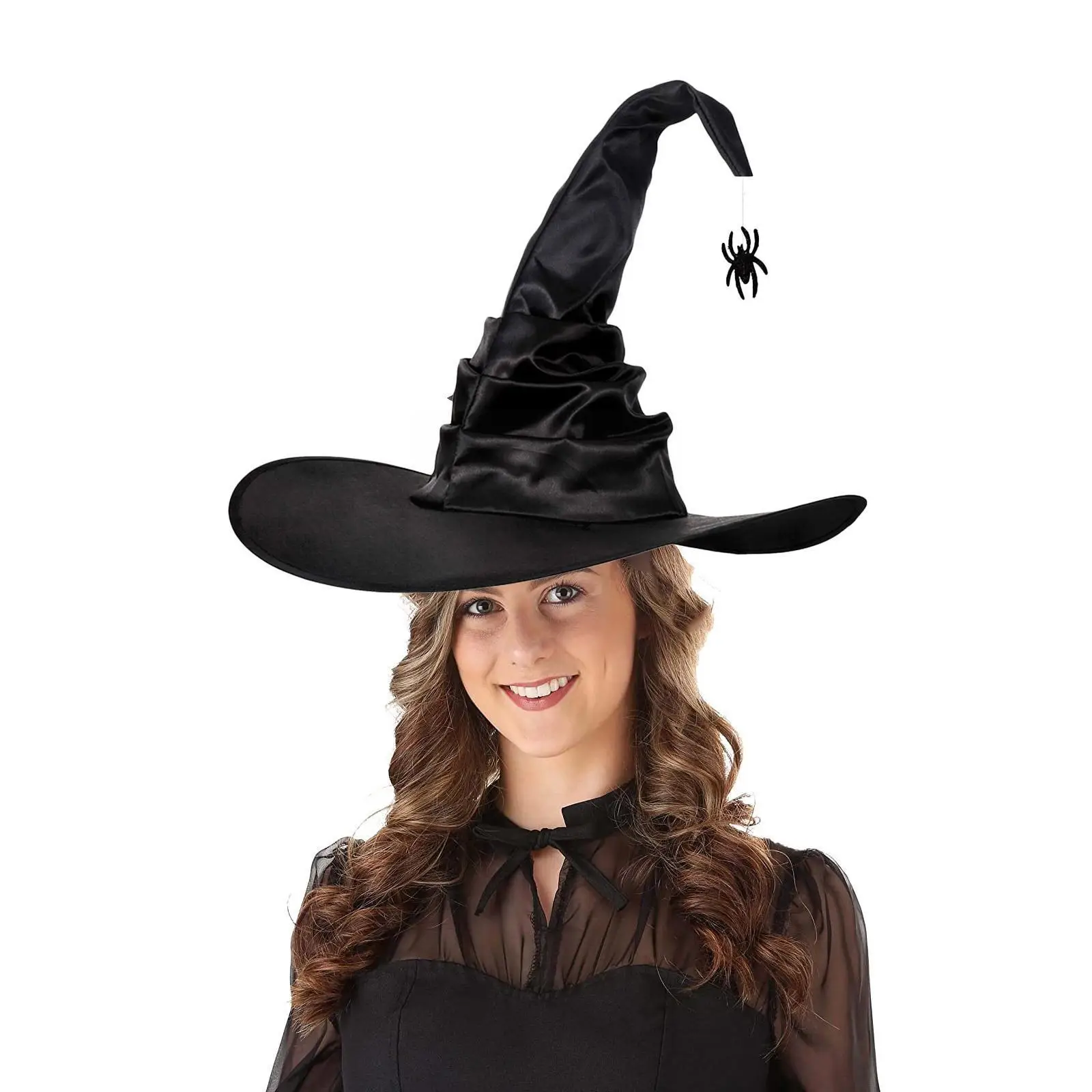 

Halloween Angled Witch Hat Wizard Hat Black Pleated Prop Hat Witch Spider Halloween Pendant Spire Costume Bat Cosplay with R0K5