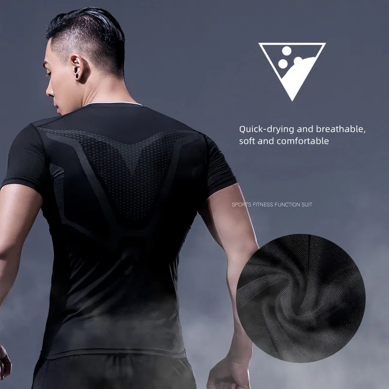 Compression Short Sleeve Sport T Shirt Men Breathable Wicking Summer Bodybuilding Running Outfit