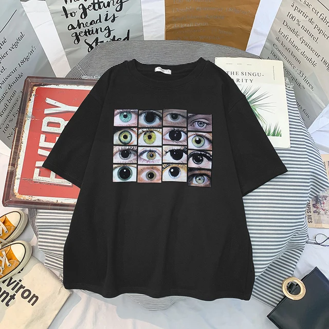 Women T-shirt Harajuku Eyes Print Short Sleeve Y2k Streetwear Tops Aesthetic T-shirt Vintage Gothic Black O-neck Shirts T-shirts - AliExpress