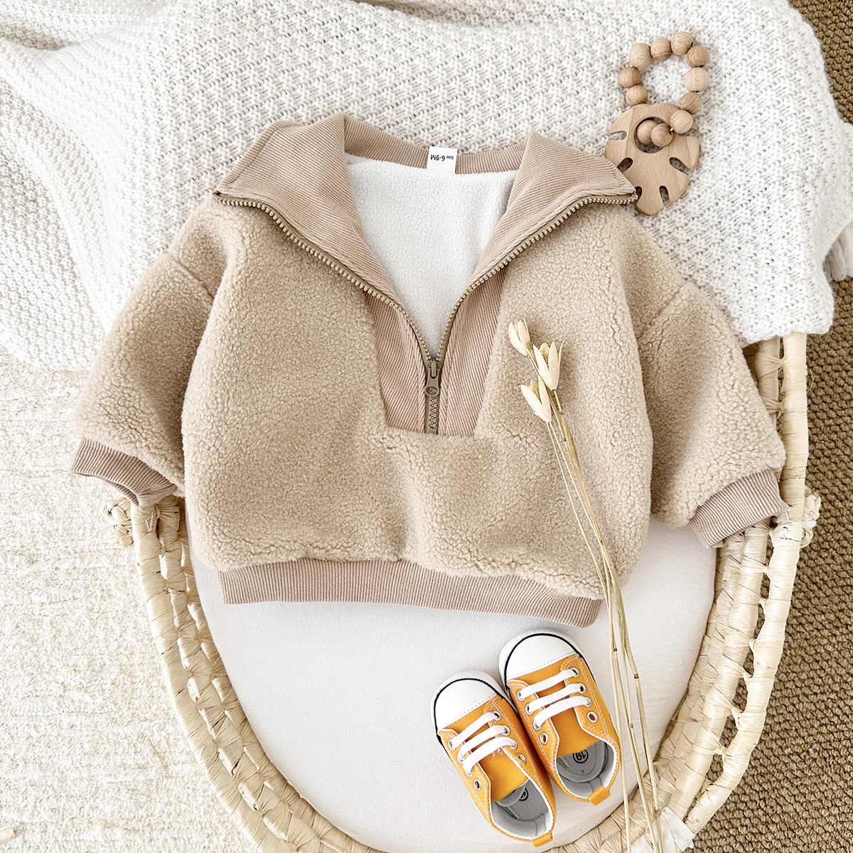 Korean Baby Boys Girls Coat Lamb Wool Warm Winter Thicken Half-Zip Fleece Jacket Solid Colour 0-3Y Toddler Top