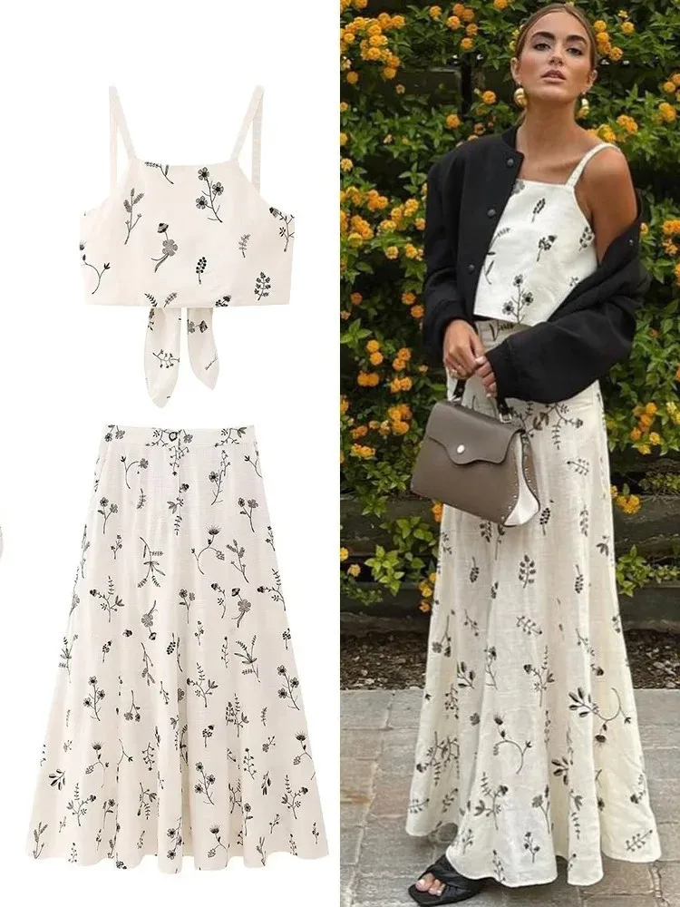 Ladies Fashion Women Summer Skirt Suits Printed Sleeveless Backless Crop Vest+Drawstring A-Line Skirt Women Two Pieces Female