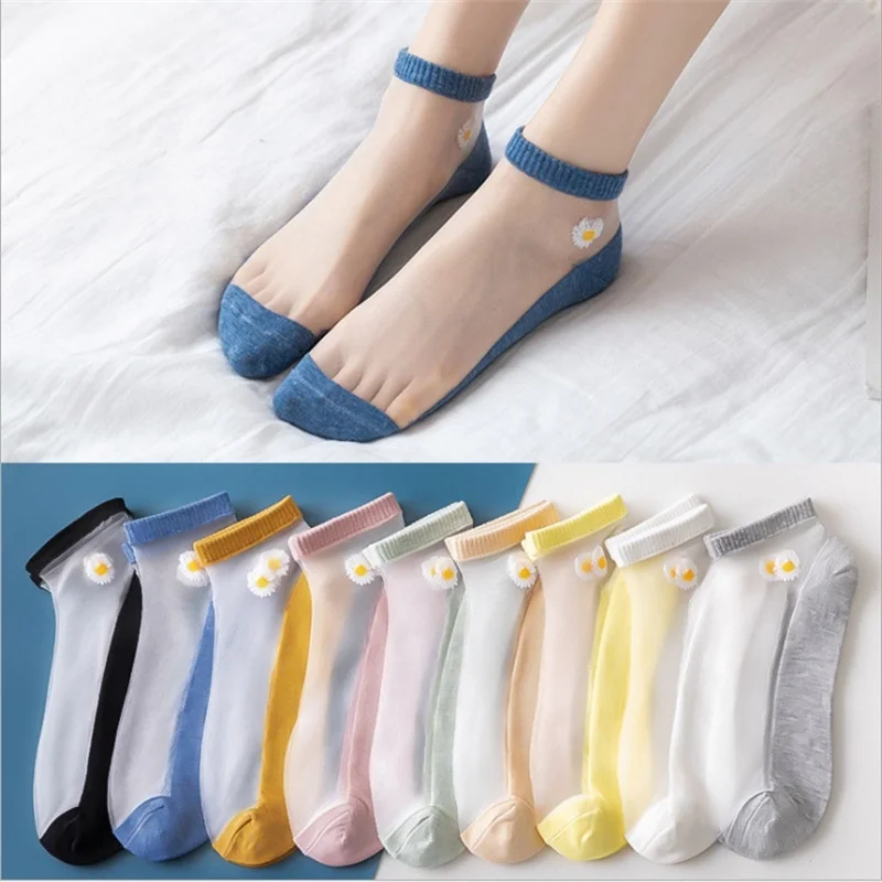 

10pairs/lot Little Daisy Sock Embroidery Transparent Glass Harajuku Transparent Silk Stockings Cute Daisy Ankle Socks