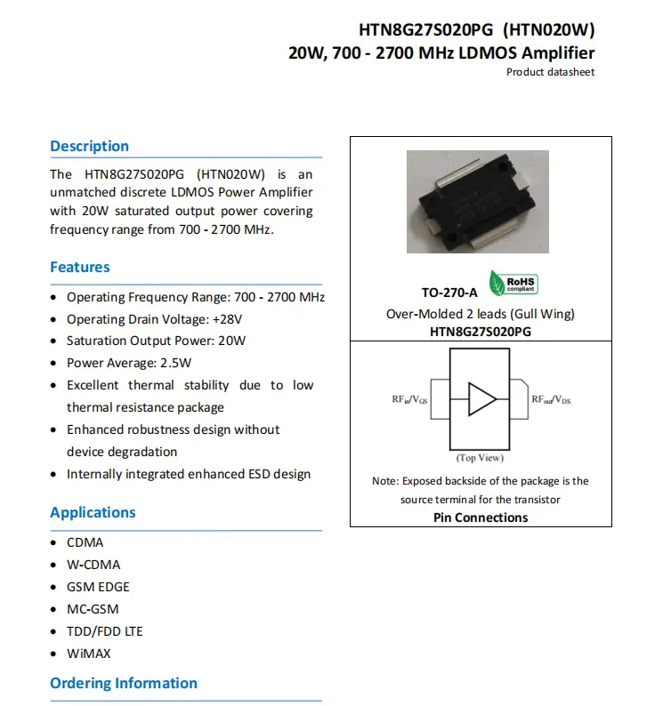 HTN8G27S020PG silk screen HTN020W 700-2700MHZ 20W RF transistor power high-frequency amplifier electronic components - Image 2