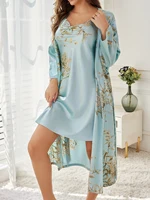‌ Silk Satin Floral Loungewear Set Belted Robe Camisole Nightdress Two-Piece Elegant Sleepwear All Seasons - Image 3