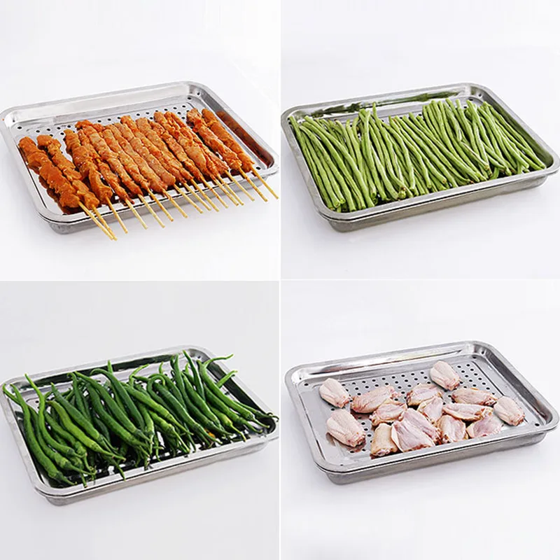 Thickened rectangular stainless steel tray double layer can be drain basin for fruit and vegetable cup BBQ food tray
