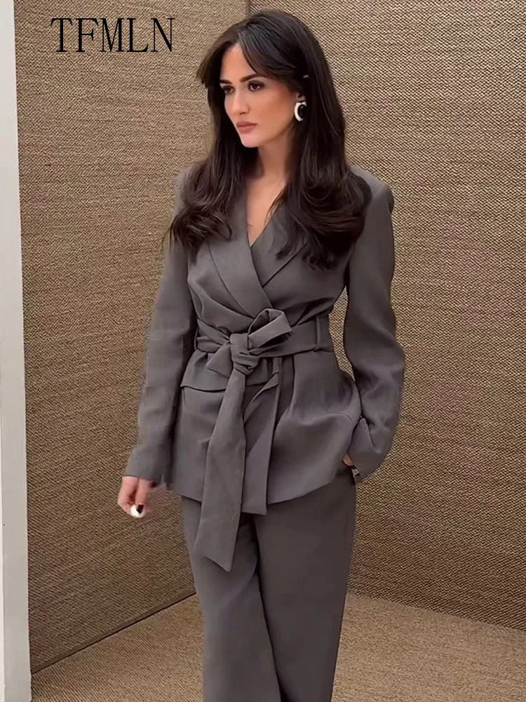 New 2025 Autumn Women Blazer Coats With Belt Fashion Notched Long Sleeve Chic Causal Jackets Office Lady Solid Outwear Tops