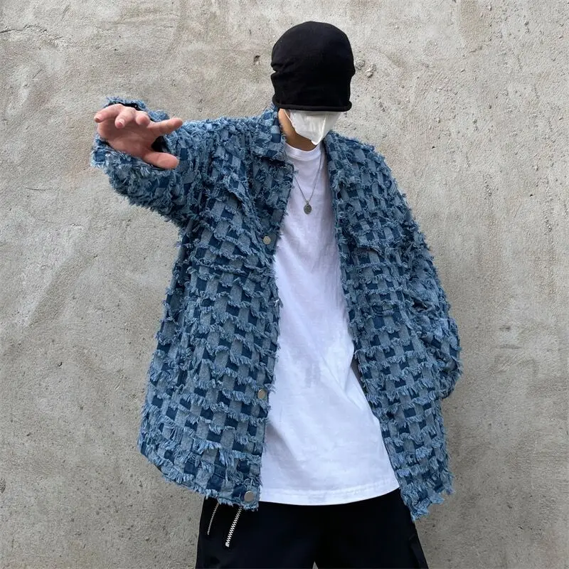 Beggar Styles Checkerboard Frayed Demin Men's Coat Plaid Vinatge Tassel Vibe Jackets Ins Streetwear Punk Hip Hop Chic Coats