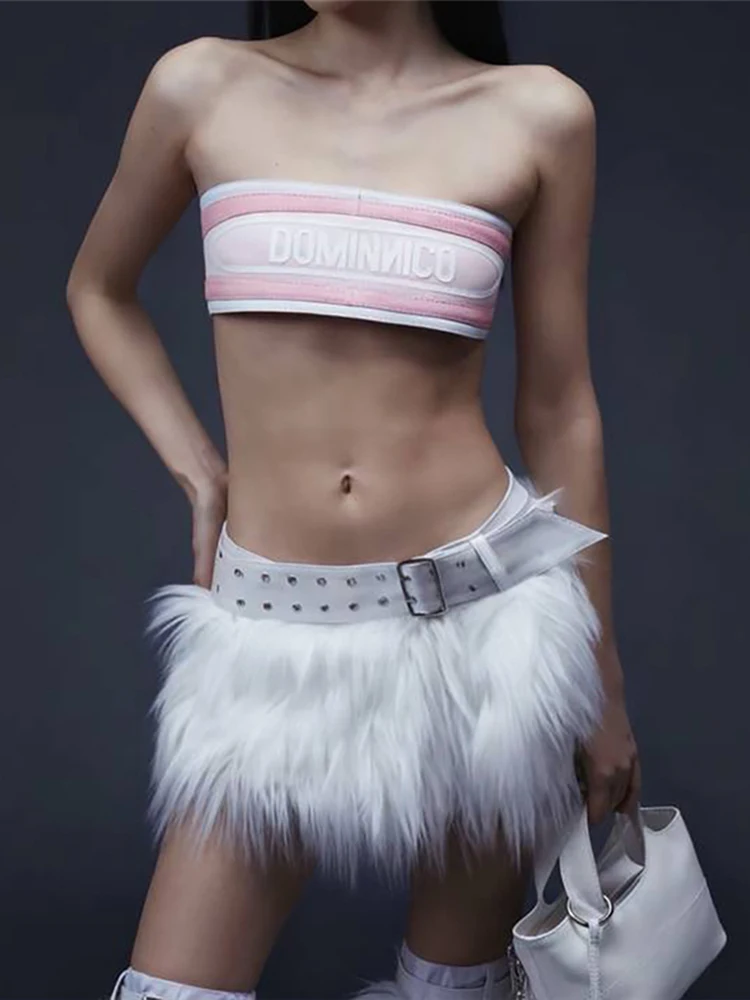Nibber Winter Furry Tassel Skirt Women Sexy Hottie Trend Metal Buckle Belt Wild Hottie Street Skinny Club Hipster Mini Bottom