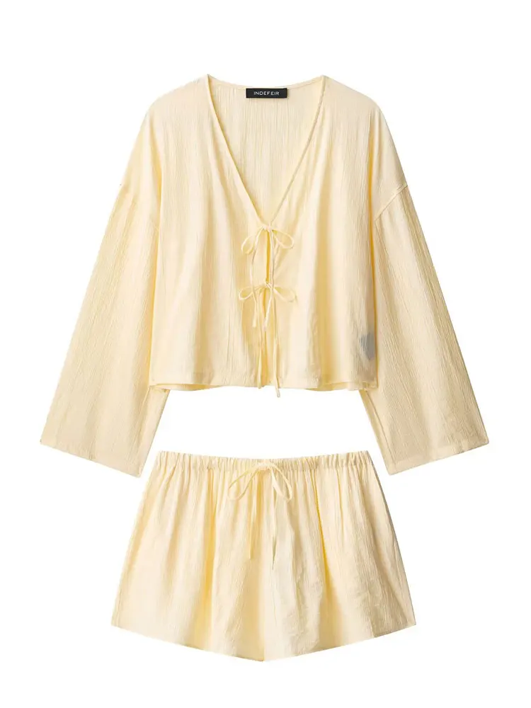 HH Women Yellow Shirts Shorts Suits V Neck Long Sleeve Lace Up Blouse Casual Drawstring Shorts Solid Office Lady Sets