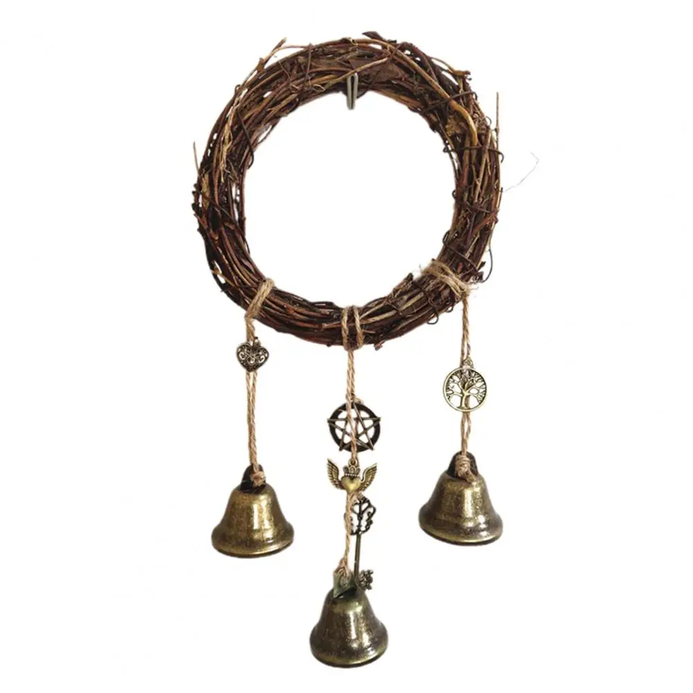 Witch Wind Chime Wiccan Wind Chime Handmade Brass Bell Witchcraft Door Hanger with Wishing Bottle Rattan Wreath Home for Wicca 6