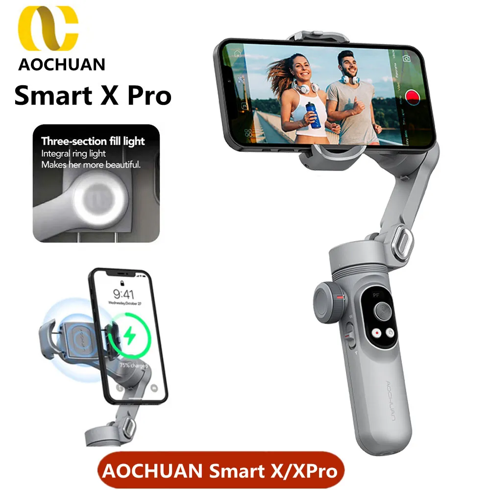 AOCHUAN Smart X / X Pro 3-Axis Foldable Handheld Gimbal Stabilizer Fill  Light Wireless Charging For Smart Phone Action Camera