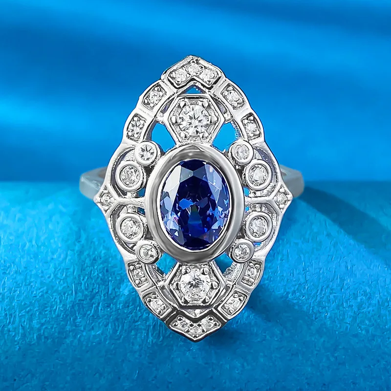 

New S925 Silver Simulated Sapphire 6 * 8mm Elliptical French Waltz Ring Vintage Fashion Small and Versatile Simple