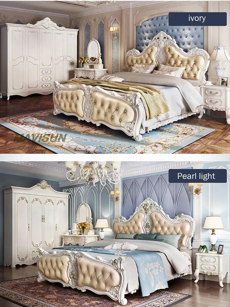 Champagne Gold Light Luxury European Double Bed Classic Wedding Bed High Quality Leather Solid Wood Frame Furniture For Bedroom