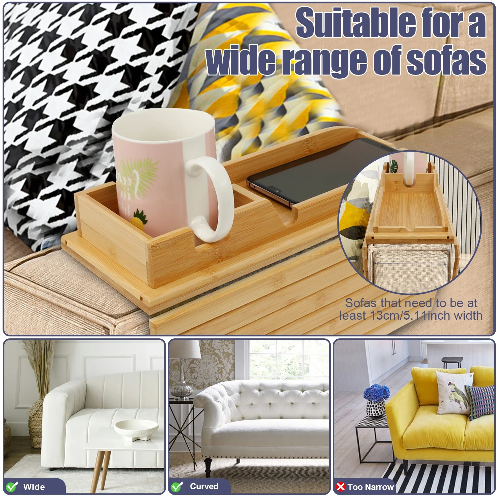 Sofa Tray Bamboo with Wood Remote Control Holder Folding Anti Slip Couch Armrest Cup Holder Detachable for Couch Storage 3