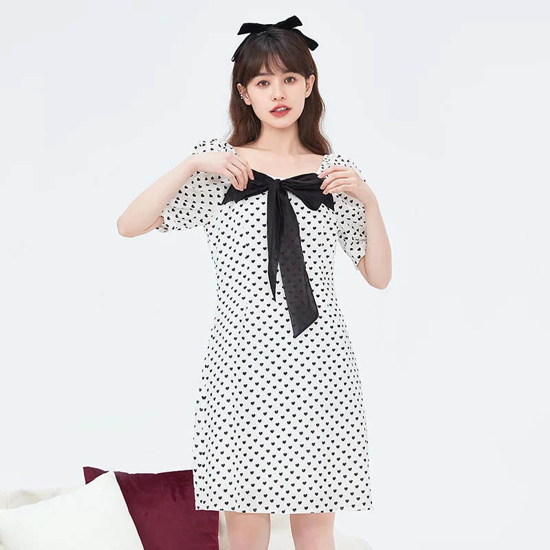 

Semir Dress Women'S Square Neck Bow Love 2023 Summer New Aop Dress Girl Cute