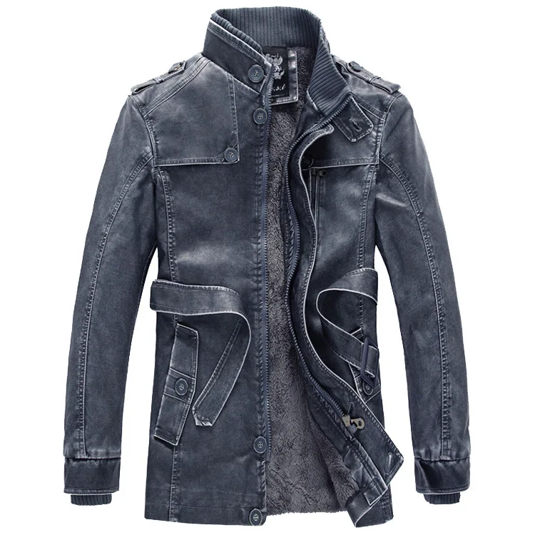 Men's Fashion Leather Long Jacket Men New Casual Vintage Blazer Winter Thick Motorcycle Biker Coat Men's Brand Design PU Jacket - 5