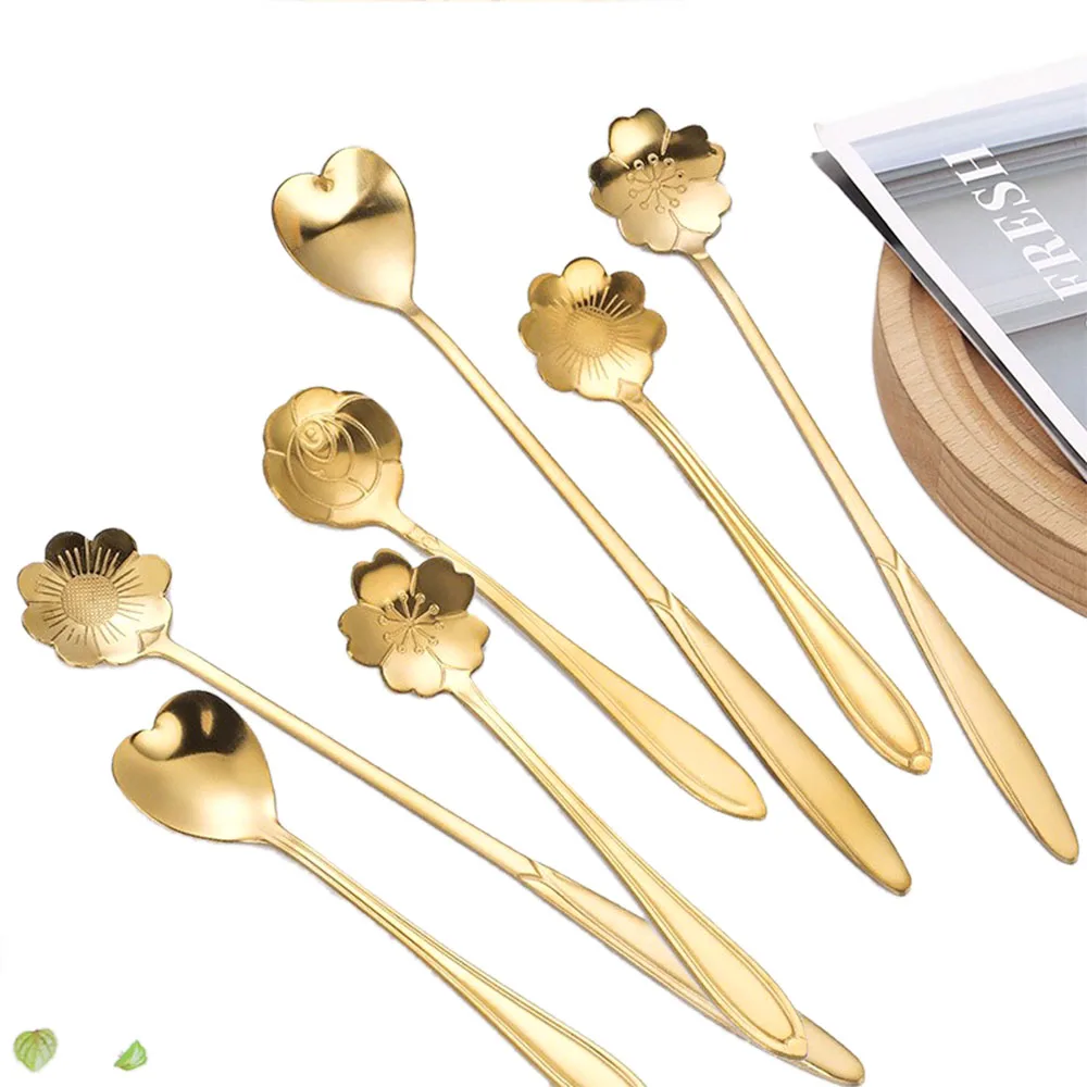 6pcs Gold Cherry Flower Stainless Steel Tea Spoons Set Coffee Honey Dessert Ice Cream Scoop Long Handle Teaspoon Cafe Tableware