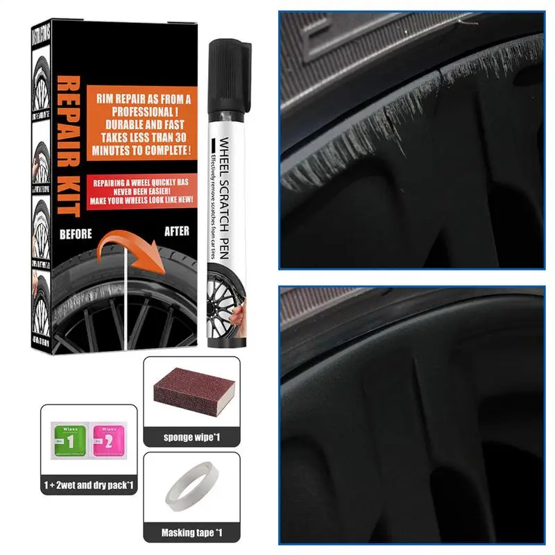 Car Wheel Scratch Repair Kit Quick Dry Automotive Black Alloy Wheel Rims Paint Fill Pen Set Scratch Coverage for Aluminum Iron