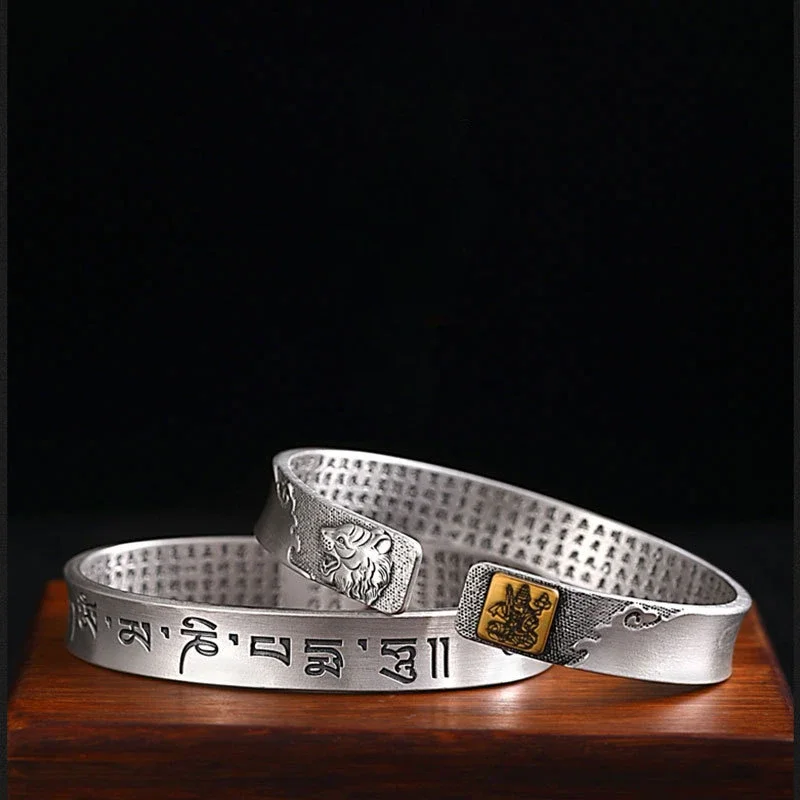 

925 Silver 12 Zodiac Cuff BangleTrendy Personalized Retro Ethnic Style Primitive Year Solid Bracelet Handpiece