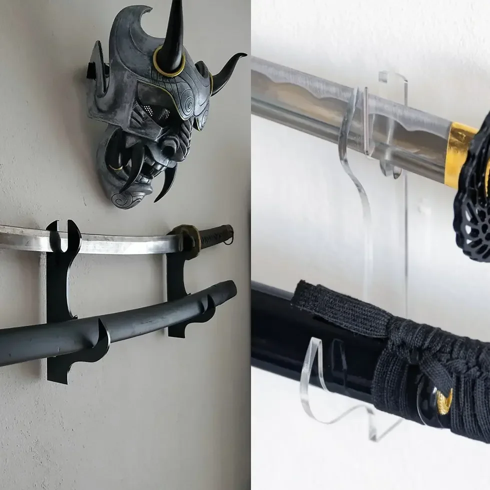 2Pcs Acrylic Sword Wall Mount-Samurai Katana Hanger Rack (Black/Clear),Transparent Display Holder for Weapon Collection