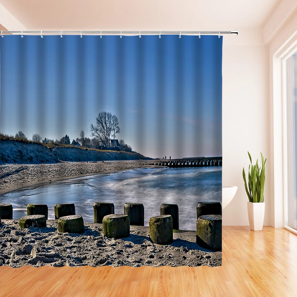 

Beach Channel Sea View bathroom Shower Curtain Natural Scenery Fabric Home Waterproof Decorative Bathroom Curtain