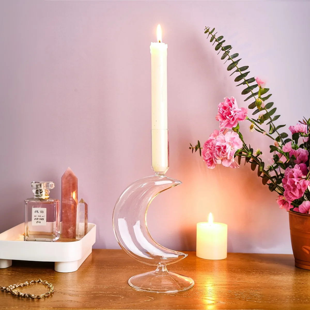 1PC, simple crescent-shaped transparent candlestick, suitable for festival candlesticks, restaurant and hotel decoration